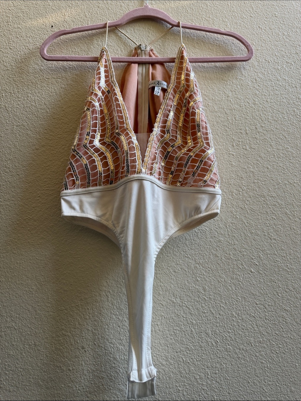Beaded Pink & Ivory deep v Bodysuit